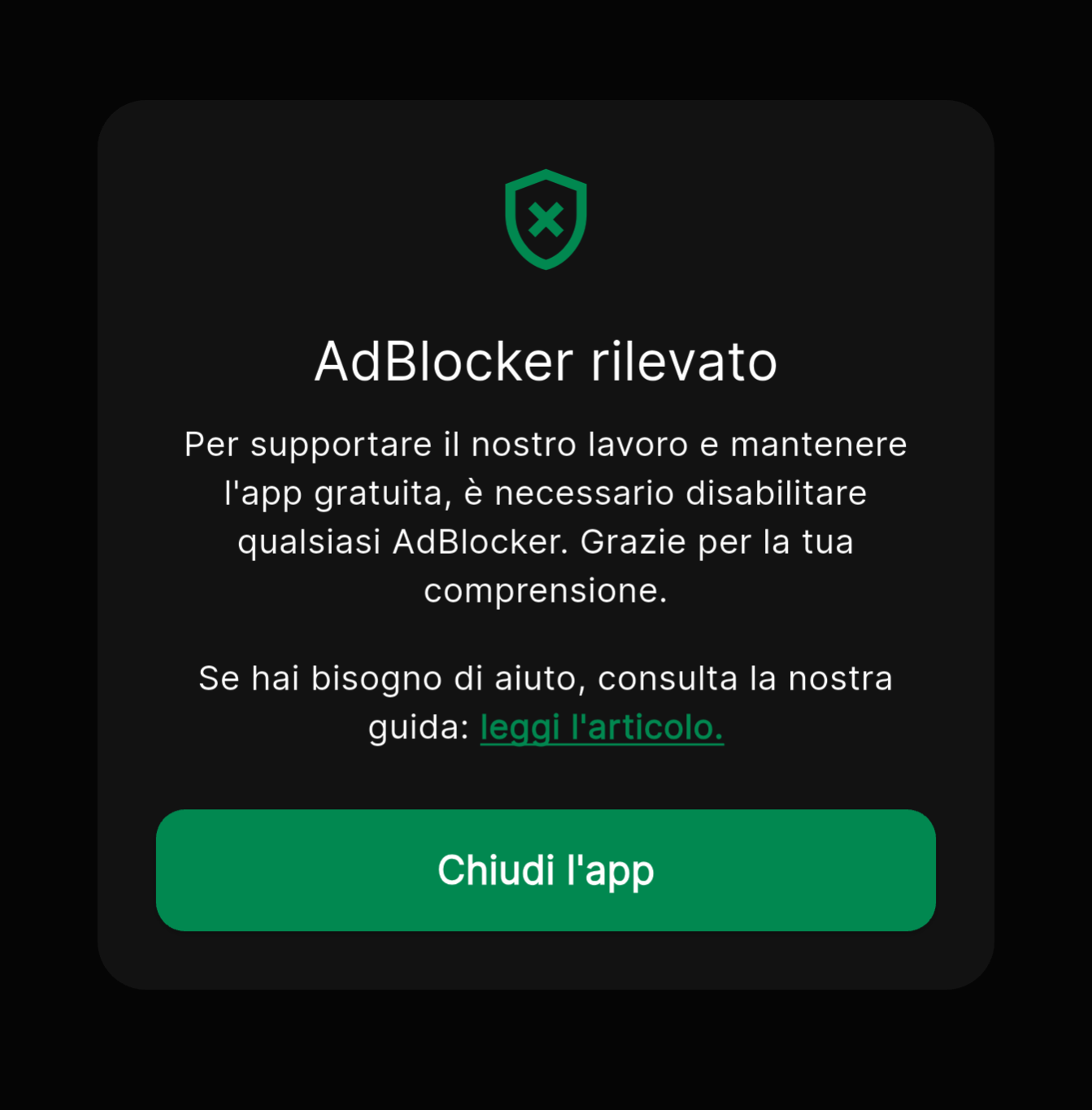 Popup AdBlocker rilevato nell'app