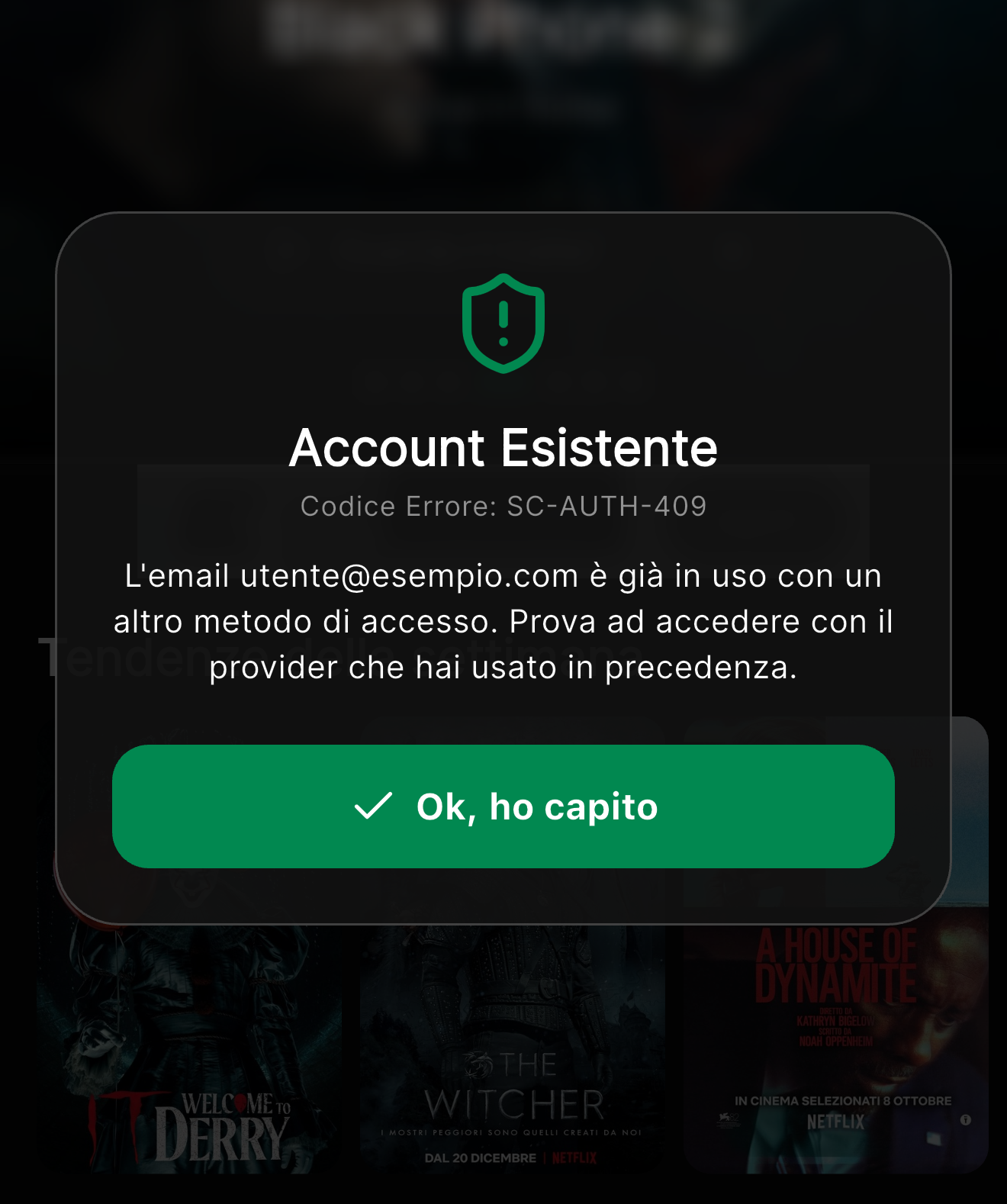 Errore SC-AUTH-409 Account Esistente