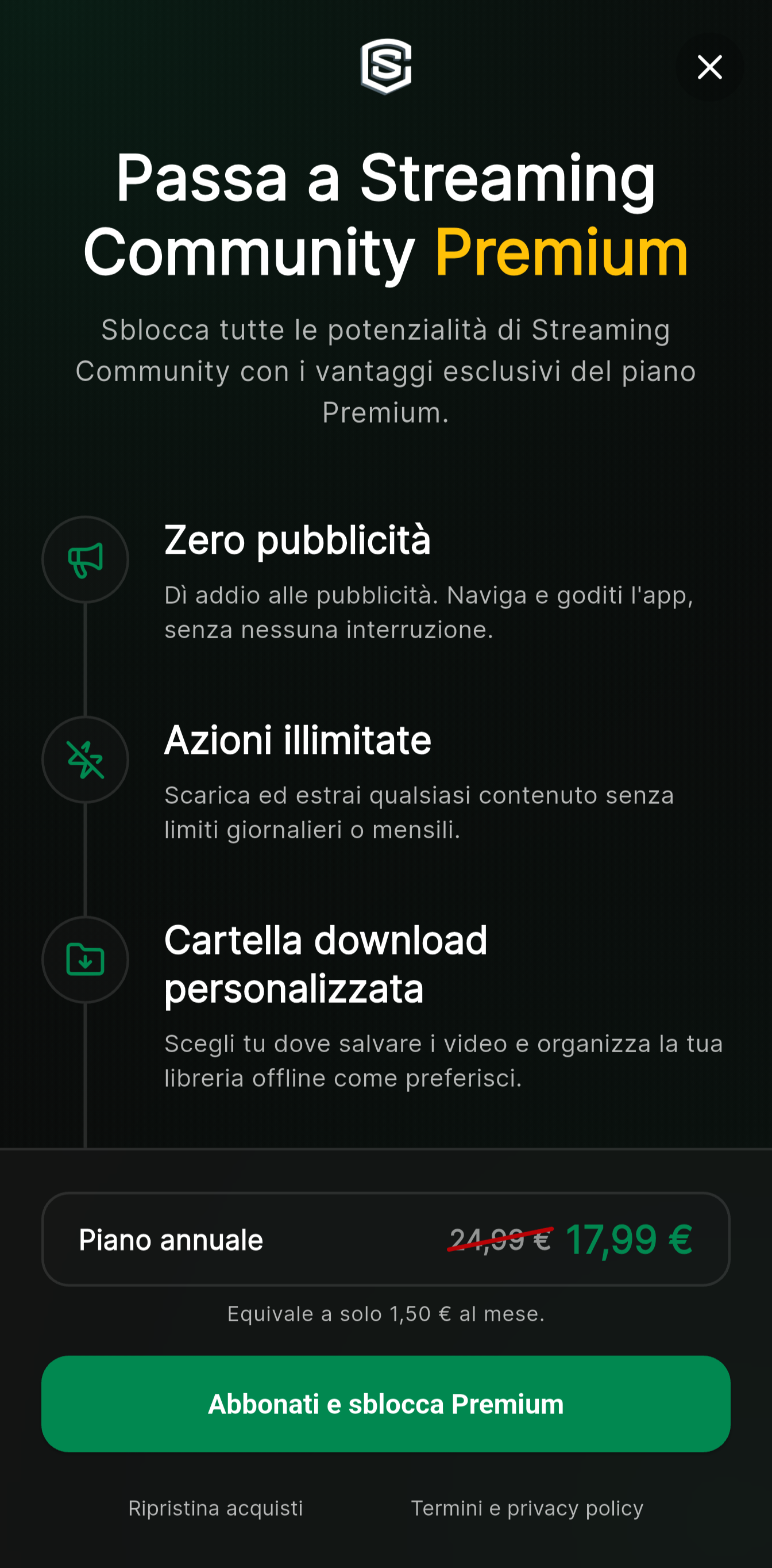 Screenshot della schermata Premium con l'offerta di lancio